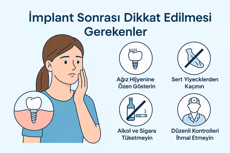 2 boyutlu bir görselde implant yaptırmış bir kadın figürü ve yanında konuşma balonları içerisinde yapmaması gerekenler yazıyor